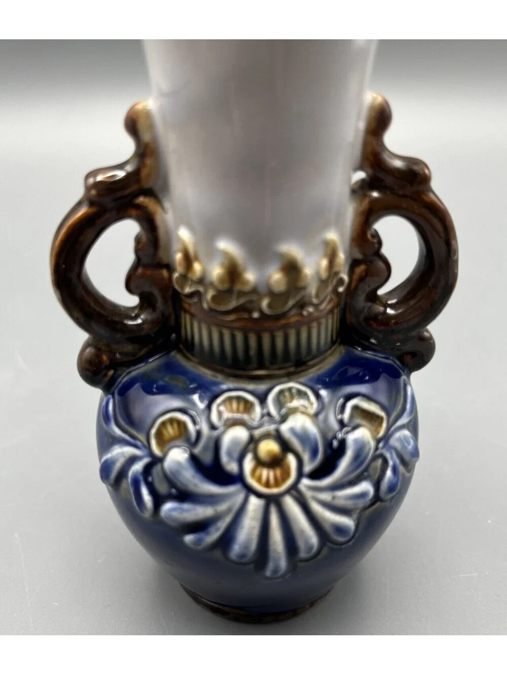 Doulton Lambeth Stoneware Vase Art Nouveau Blue Floral Relief Double Handles